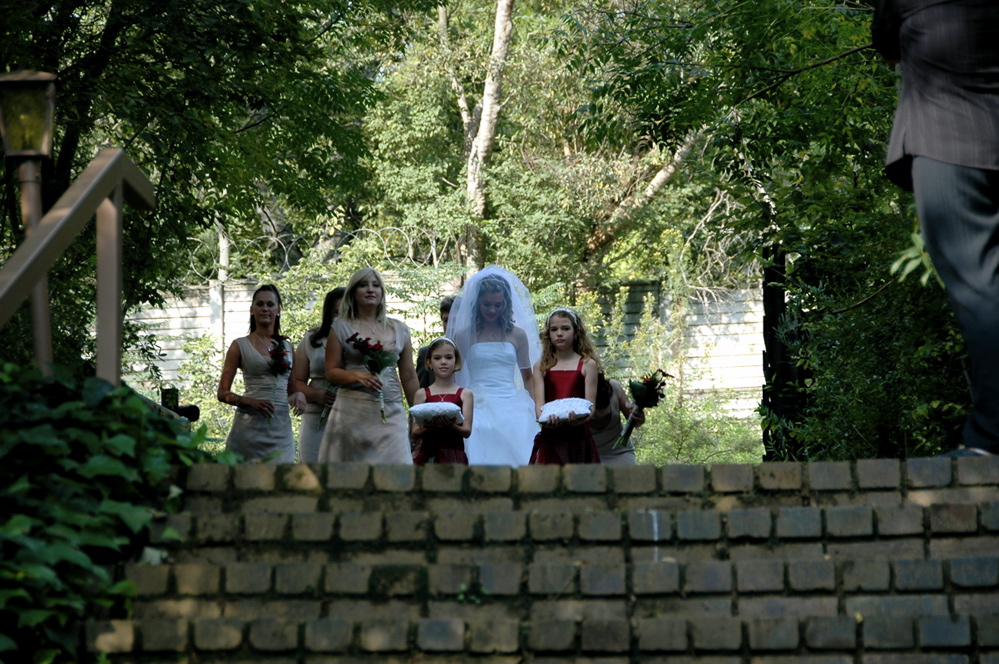 The bridal party approaching the entrance